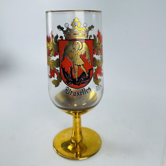 VTG Bruxelles Brussels Belgium Gold Rim Beer Glass 7" Coat of Arms Souvenir - Picture 1 of 8